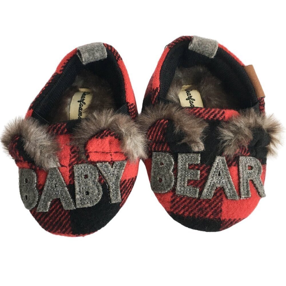 Dearfoams Christmas Baby Bear Red Black Buffalo Plaid Slippers - Size 6-9 Months